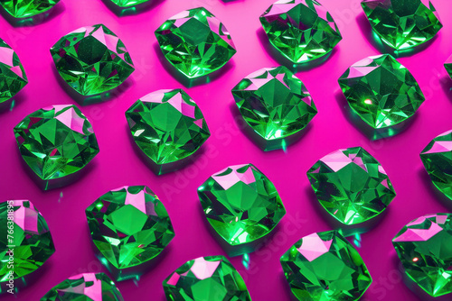 Row of shimmering emerald green diamonds on pink background for luxury jewellery advertising