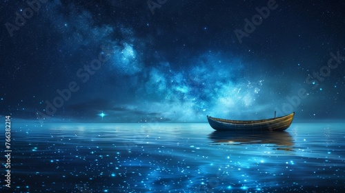 Sailing under the celestial canopy, the fantasy boat glided effortlessly across the calm waters, basking in the soft glow of the countless stars above. © Janjira