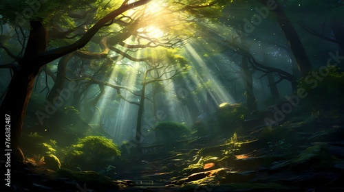 A dense forest with sunbeams piercing through the canopy  creating an ethereal and otherworldly atmosphere.