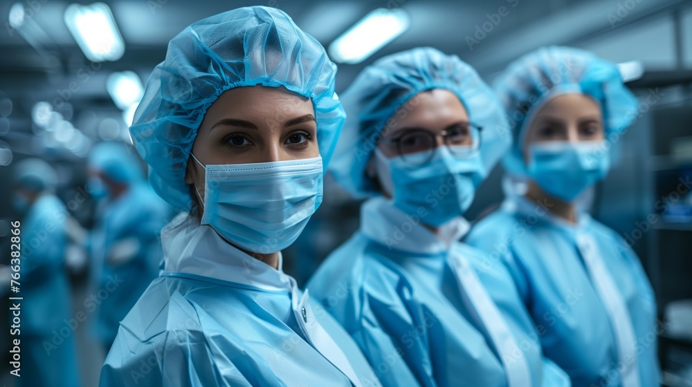 Focused female healthcare professional in scrubs with protective mask and cap standing with colleagues in a hospital setting, conveying teamwork in healthcare Focused female healthcare professional in scrubs with protective mask and cap standing with colleagues in a hospital setting, conveying teamwork in healthcare