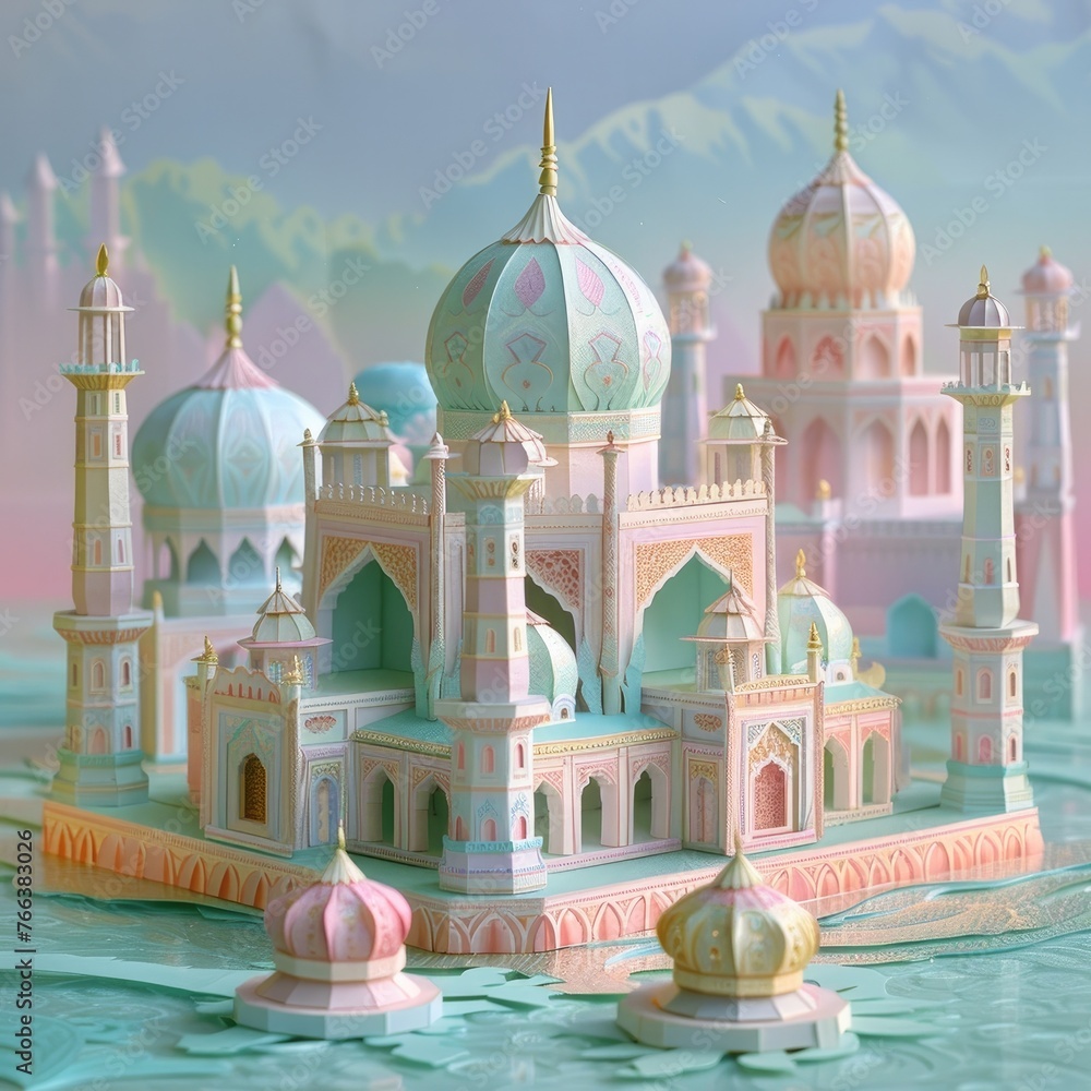Captivating Architectural Wonders Emerge from the Canvas,Blending Intricate Designs and Vibrant Pastel Hues - obrazy, fototapety, plakaty 