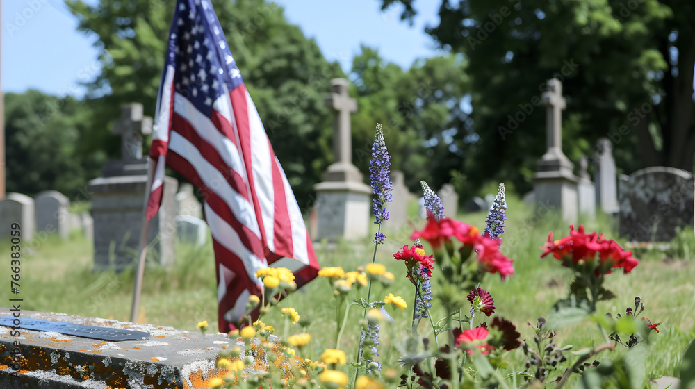 Memorial Day Flag in front of graves, Patriotic American  concept