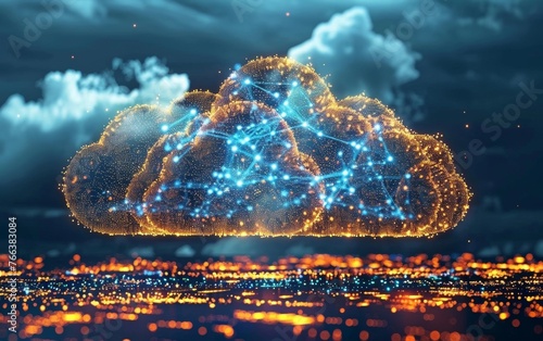 Wallpaper Mural Floating cloud icons connected by light data streams represent the seamless network and storage capabilities of cloud computing. Torontodigital.ca