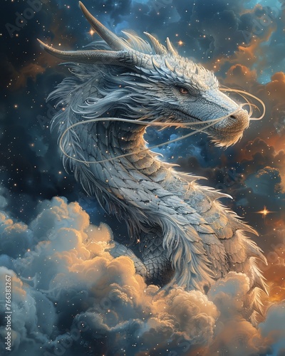 Design a captivating image of a majestic dragon flying through celestial kingdoms in the sky, with intricate details of clouds and stars Emphasize the sense of wonder and adventure © Aoridea