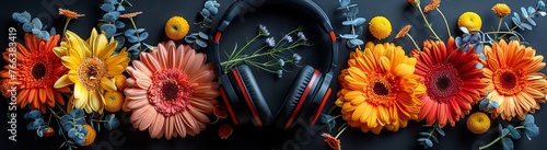 headphones decorated with fresh spring flowers, inspiring and creative. Concept: music and spring mood, creative advertising of audio equipment, symbol of the fusion of technology and nature.