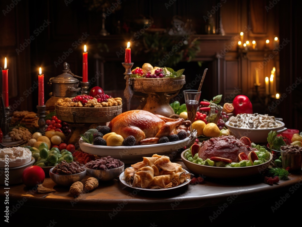 Traditional christmas feast: festive dinner table laden with delicious food and decorations