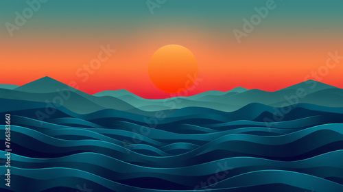 Stylised waves roll under a serene sunset gradient.