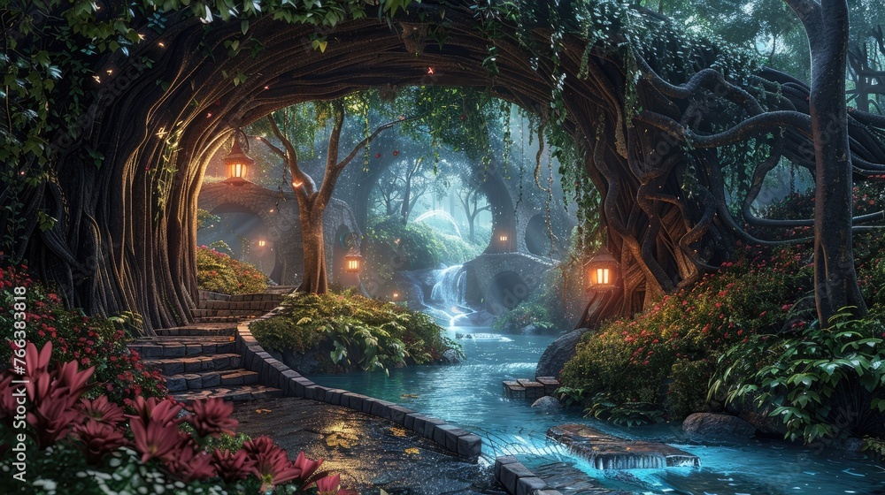 Surrender to the Enchanting Allure of a 3D Illustrated Fantasy Landscape with Mystical Pathways and Cascading Waterfalls