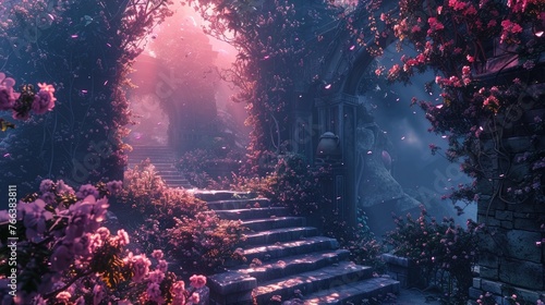 Enchanting 3D Illustrated Pathway Through Mystical Woodland Landscape