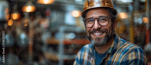 A smiling engineer stands in front of a construction site