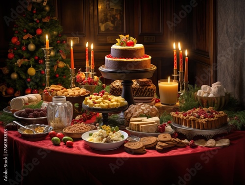 Traditional christmas feast: festive dinner table laden with delicious food and decorations