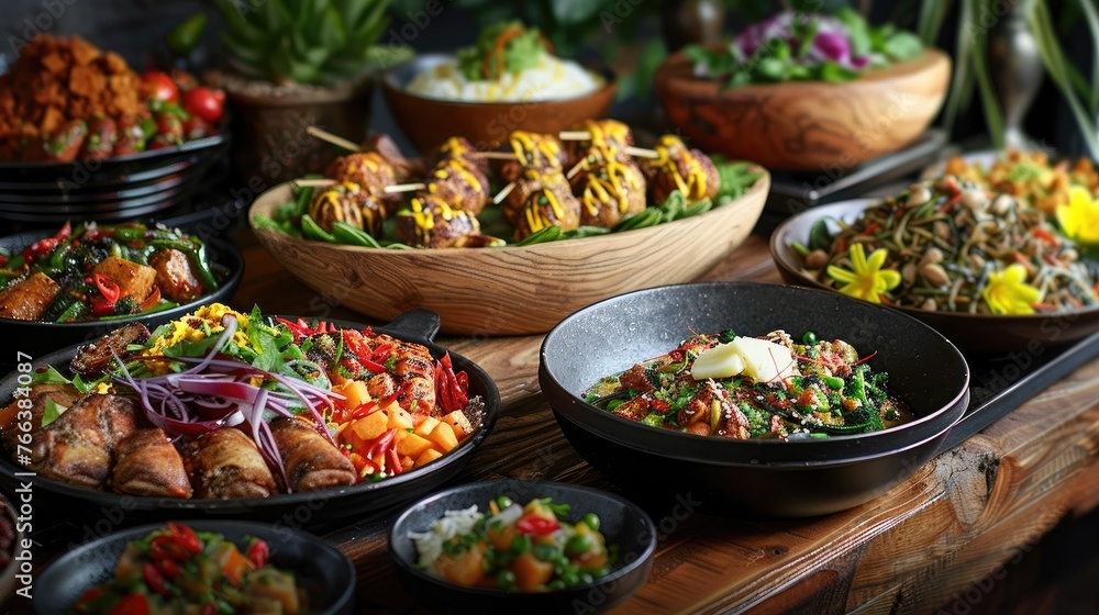 Vibrant Culinary Showcase:A Tantalizing Spread of Global Flavors and Traditions on a Rustic Wooden Table