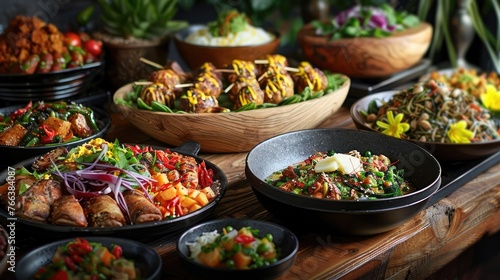 Vibrant Culinary Showcase:A Tantalizing Spread of Global Flavors and Traditions on a Rustic Wooden Table