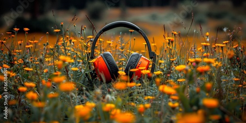 headphones decorated with fresh spring flowers, inspiring and creative. Concept: music and spring mood, creative advertising of audio equipment, symbol of the fusion of technology and nature. photo