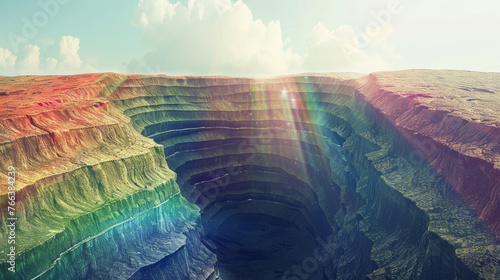 A surreal cliffside bathed in the colours of a rainbow mist.