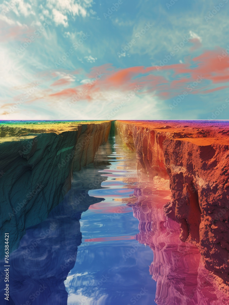 A surreal rainbow coloured canyon.