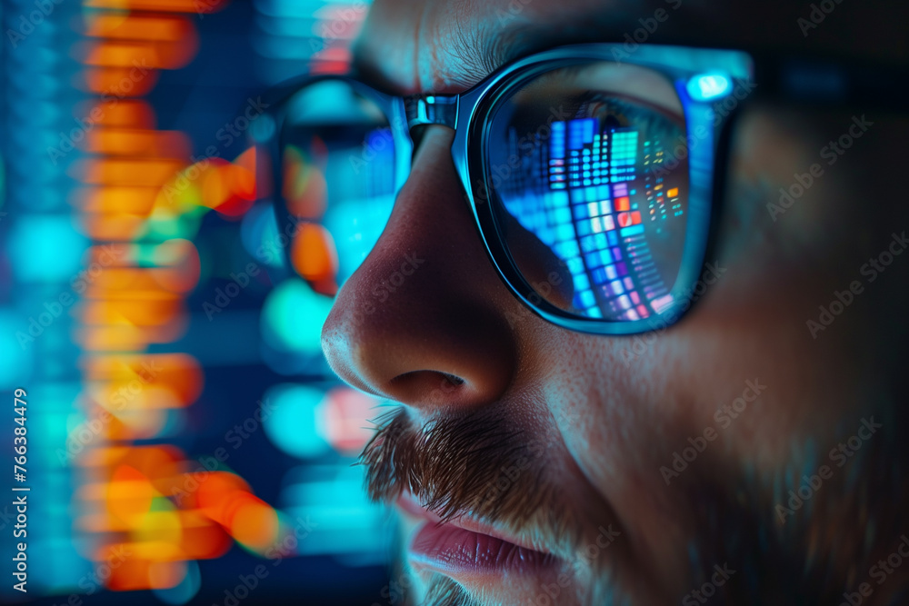 Close up of a man wearing glasses looking at computer screen selective focus on glasses having reflective of data graph of stock market financial chart online Close up of a man wearing glasses looking at computer screen selective focus on glasses having reflective of data graph of stock market financial chart online