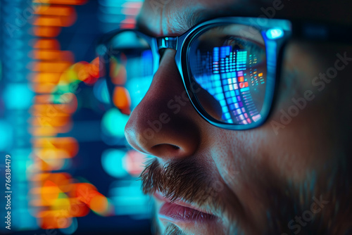 Close up of a man wearing glasses looking at computer screen selective focus on glasses having reflective of data graph of stock market financial chart online