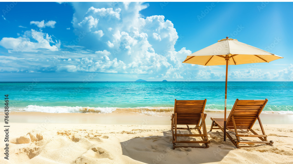 Wooden chairs on the beach under a beach umbrella. Holiday or relaxing vacation. Tropical paradise.