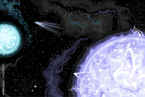 Vector Fantasy Space Chart, horizontal poster with cartoon design bluish white brightest binary star system and flying comet in deep space, decorative cosmic print with black starry space background