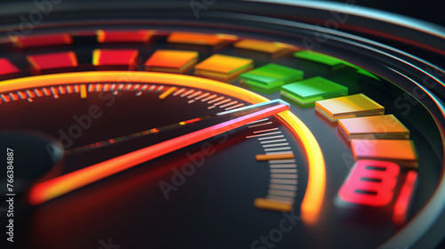 RPM meter with green,red and yellow lights. Speed gauge. Speed limit. Going fast. High performance. high RPM. Speedometer. Overdrive