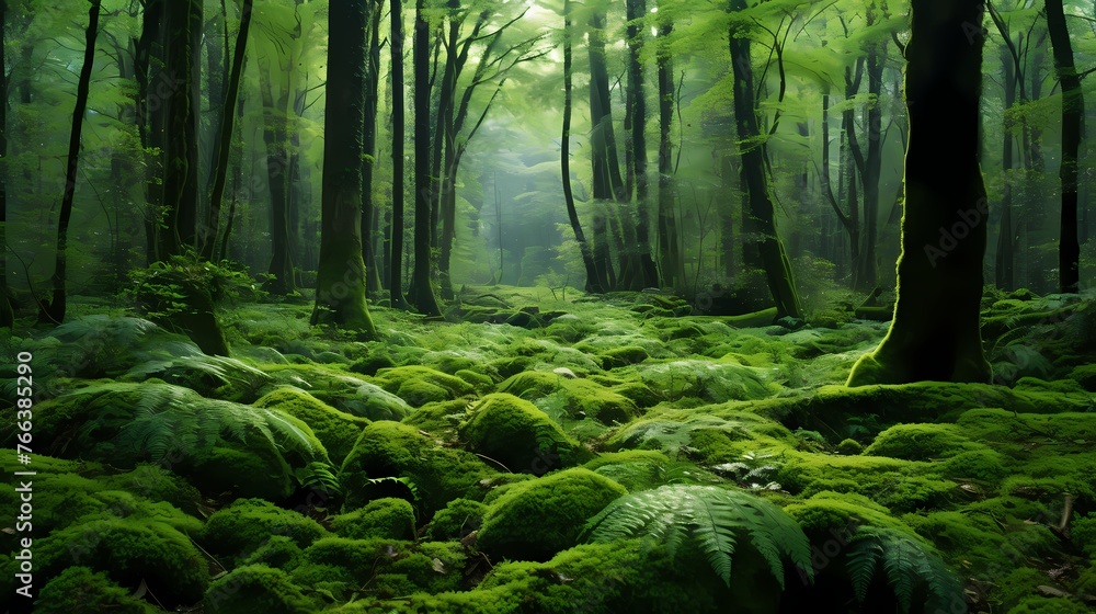 A dense forest with a carpet of green ferns covering the forest floor, creating a lush and magical atmosphere.