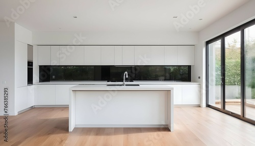 Kitchen interior in beautiful new luxury home with kitchen island and wooden floor  bright modern minimal style  with copy space.