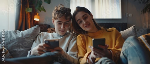 A couple uses a smartphone device while lying on a couch in a cozy apartment. A couple talks, does online shopping, watches funny videos on the internet, uses social media, and watches streams.