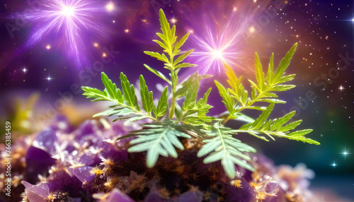 A close-up of an artemisia annua plant growing on a shiny amethyst with a golden aura and a star photo