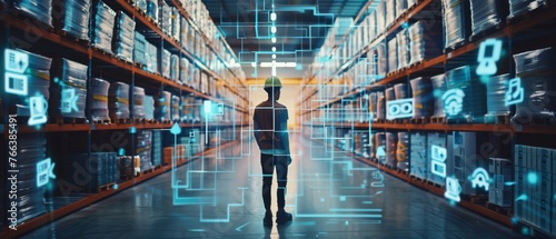 In a futuristic retail warehouse, a worker doing inventory walks is analyzing goods, cardboard boxes, and products with delivery infographics as part of a digitalization process. photo