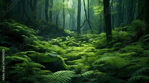 A dense forest with a carpet of green ferns covering the forest floor  creating a lush and magical atmosphere.