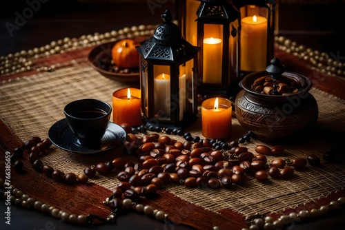 Traditional lantern, dates fruit, rosary beads and a cup of Arabic coffee