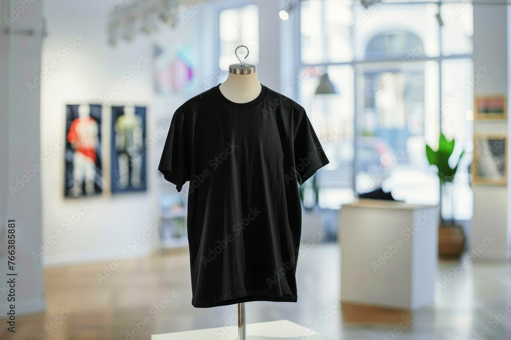 Black t-shirt on mannequin displayed in bright gallery with modern art and natural light