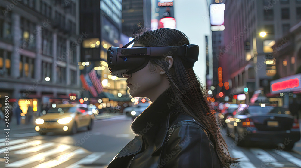 Young woman in VR glasses on the city streets. Fearless and forward-thinking, she ventures into the streets, using VR glasses to shape her own destiny. Young woman in VR glasses on the city streets. Fearless and forward-thinking, she ventures into the streets, using VR glasses to shape her own destiny.