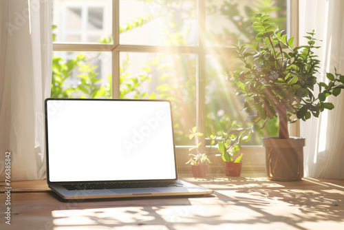 Laptop on a desk with warm morning light streaming through a window  cozy home office concept