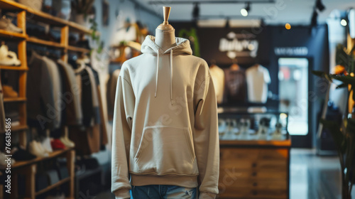 Fashionable hoodie on mannequin in boutique with soft focus, clothing display, modern retail
