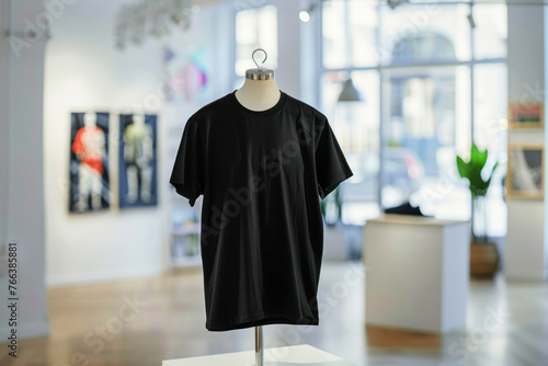 Black t-shirt on mannequin displayed in bright gallery with modern art and natural light
