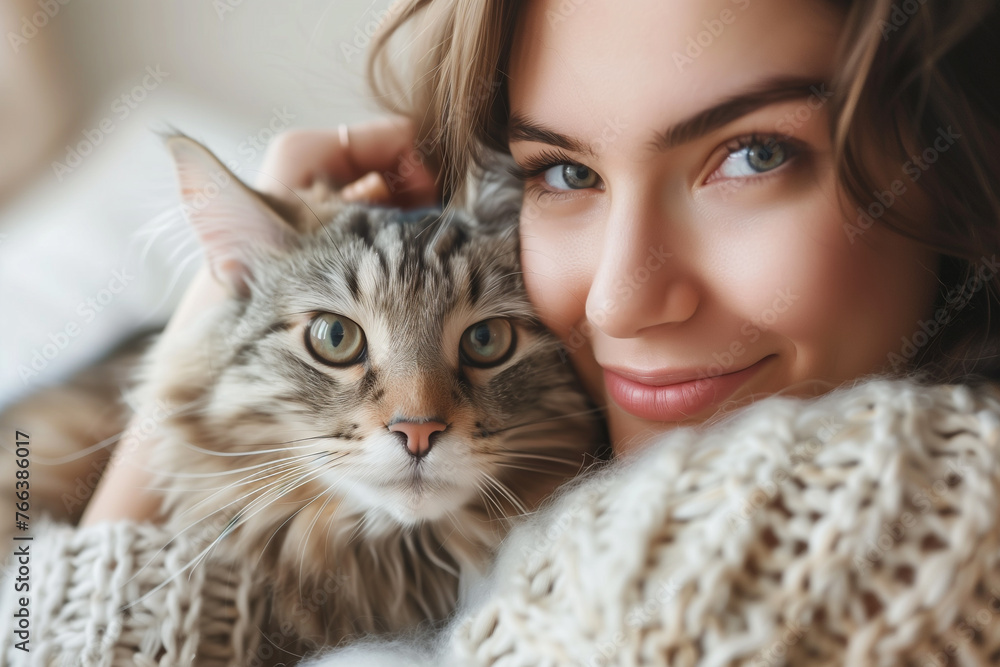 Happy people at home with favorite pet , love and friendship of human and animal, Young woman embracing cat with love Happy people at home with favorite pet , love and friendship of human and animal, Young woman embracing cat with love