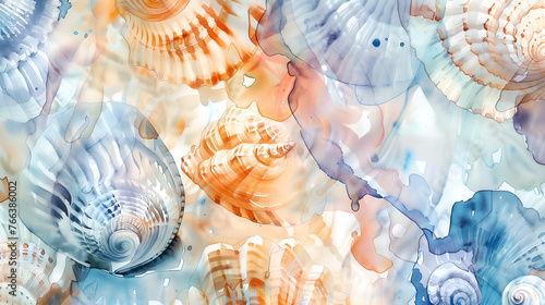 Vibrant watercolor underwater scene with shells. Colorful seashell background for prints, depicting the beauty of the underwater world. 
