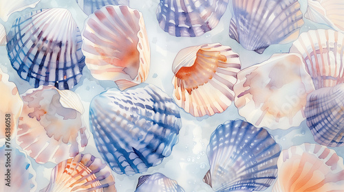 Beautiful watercolor blue underwater backdrop with shells. Watercolor blue seashells in an underwater setting. Colorful seashells create a vibrant print design.