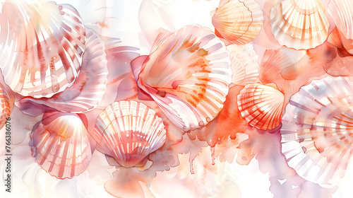 Underwater scene in watercolor, featuring shells. Vibrant seashell background for print designs, capturing the colorful underwater world. Seamless pattern featuring red shells. Beach aesthetics. Water