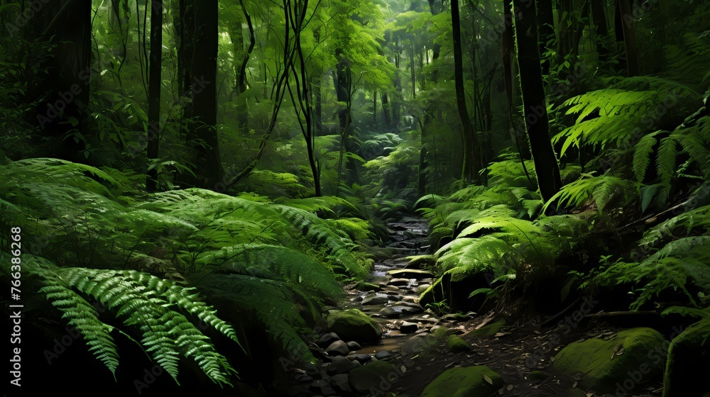 A dense forest with a carpet of green ferns covering the forest floor, creating a lush and magical atmosphere. A dense forest with a carpet of green ferns covering the forest floor, creating a lush and magical atmosphere.