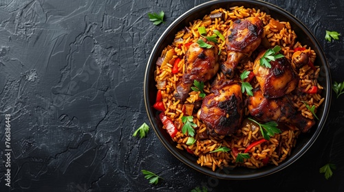 Succulent grilled chicken drumsticks served over a bed of spiced rice with vegetables, garnished with fresh parsley, perfect for culinary themes or depicting homemade comfort food