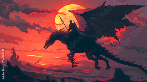 Majestic Dragon Soaring Through a Dramatic Fiery Sunset Landscape