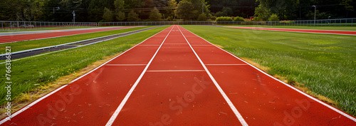 red running track grass field background
