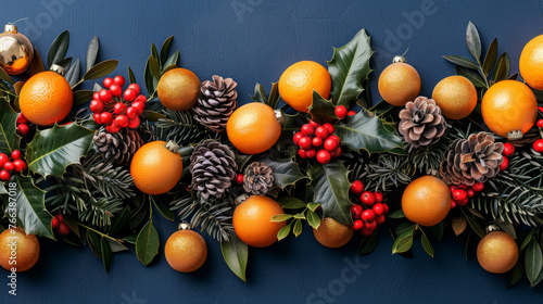 A festive Christmas spread with baubles  ornaments and natural decor.