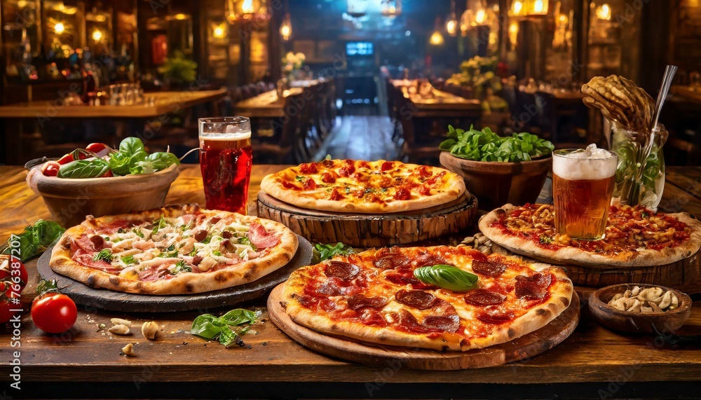 Several pizzas with drinks in a restaurant