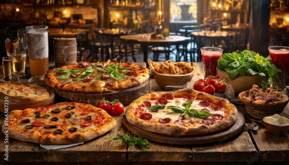 Several pizzas with drinks in a restaurant
