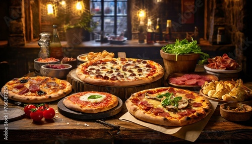 Several pizzas with drinks in a restaurant
