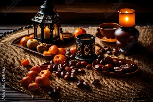 Traditional lantern, dates fruit, rosary beads and a cup of Arabic coffee